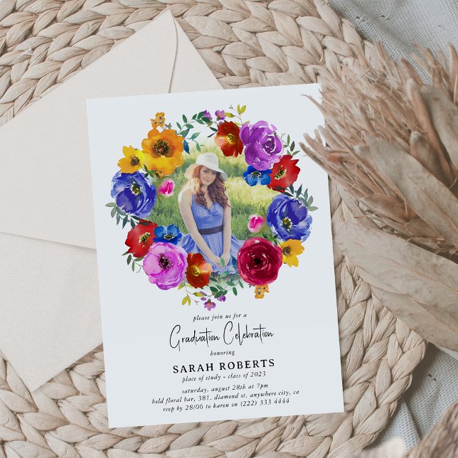 Bright & Bold Floral Wreath Photo Graduation Party Invitation (Creator Uploaded)