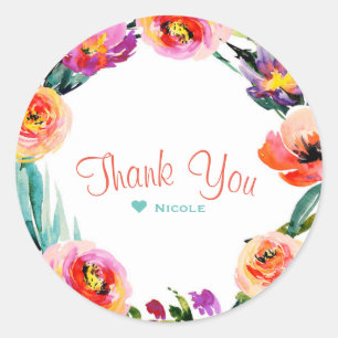Bright Bold Floral Wreath Watercolor Bridal Shower Classic Round Sticker