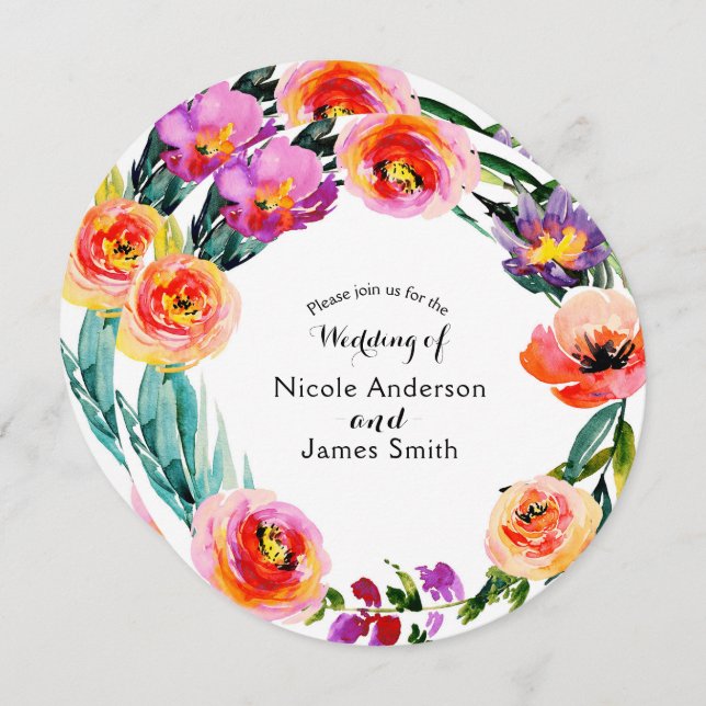 Bright Bold Floral Wreath Watercolor Wedding Invitation (Front/Back)