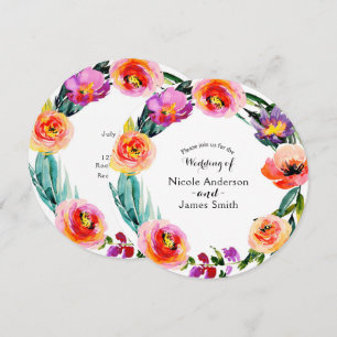 Bright Bold Floral Wreath Watercolor Wedding Invitation