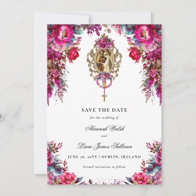 Bright Bold Magenta Floral & Photo Wedding Save The Date (Front)