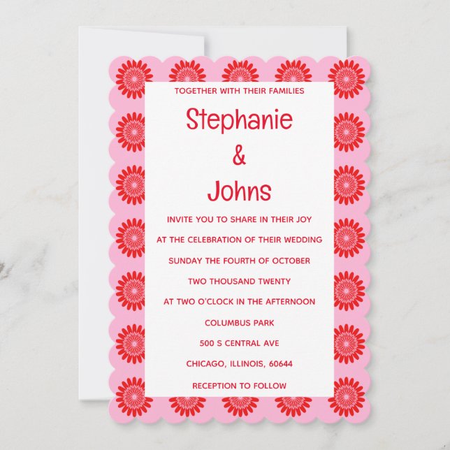 Bright Bold Orange Pink Retro Floral Boho Wedding Invitation (Front)