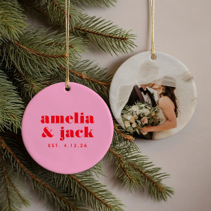 Bright Bold Pink and Red Modern Monogram Wedding Ceramic Tree Decoration