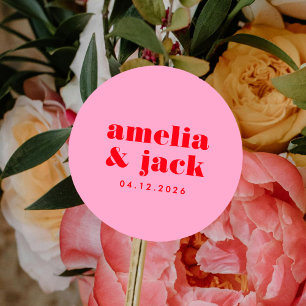 Bright Bold Pink and Red Modern Monogram Wedding Classic Round Sticker