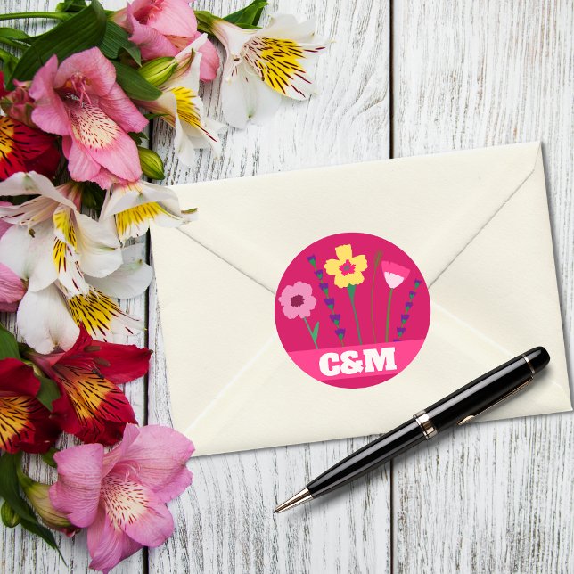 Bright & Bold Pink Colourful Floral Monogram  Classic Round Sticker (Creator Uploaded)