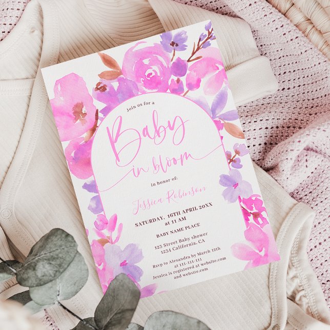 Bright bold pink purple floral baby shower invitation (Creator Uploaded)