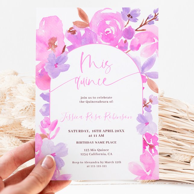 Bright bold pink purple floral quinceanera invitation (Creator Uploaded)