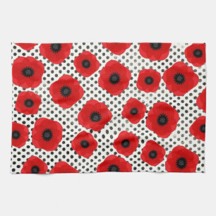 Bright Bold Red Poppies Black and White Polka Dot Tea Towel