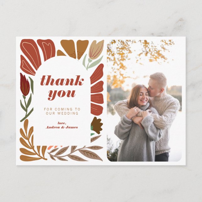 Bright Bold Terracotta Floral Thank You Wedding Announcement Postcard (Front)