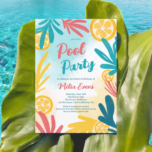 Bright bold Tropical beach pool party Sweet 16 Invitation (Bright bold Tropical beach pool party Sweet 16 Invitation)