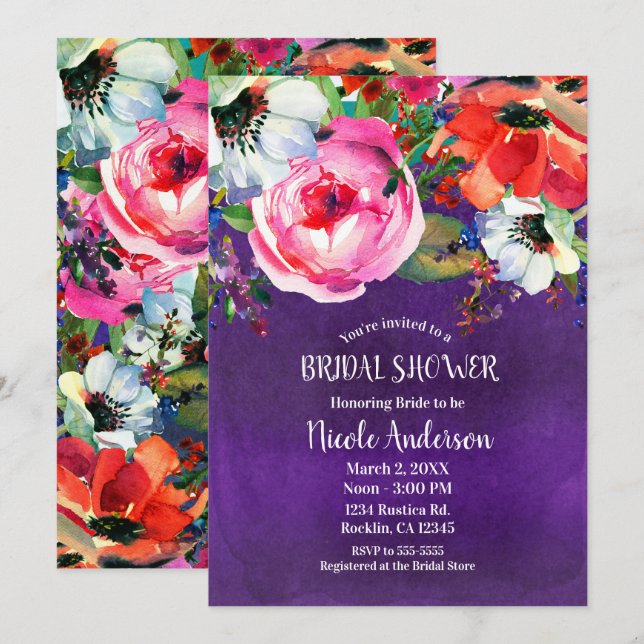 Bright Bold Watercolor Floral Purple Bridal Shower Invitation (Front/Back)