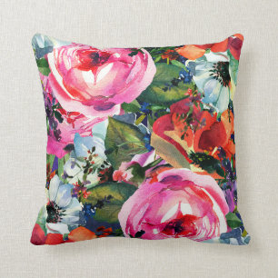 Bright Bold Watercolor Floral Vintage Chic Flowers Cushion