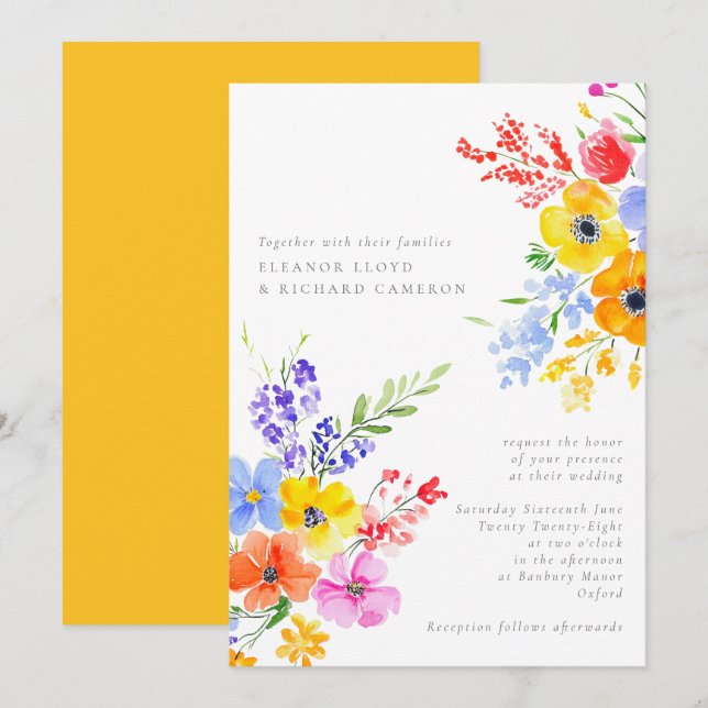 Bright & Bold Watercolor Floral Wedding Invitation (Front/Back)