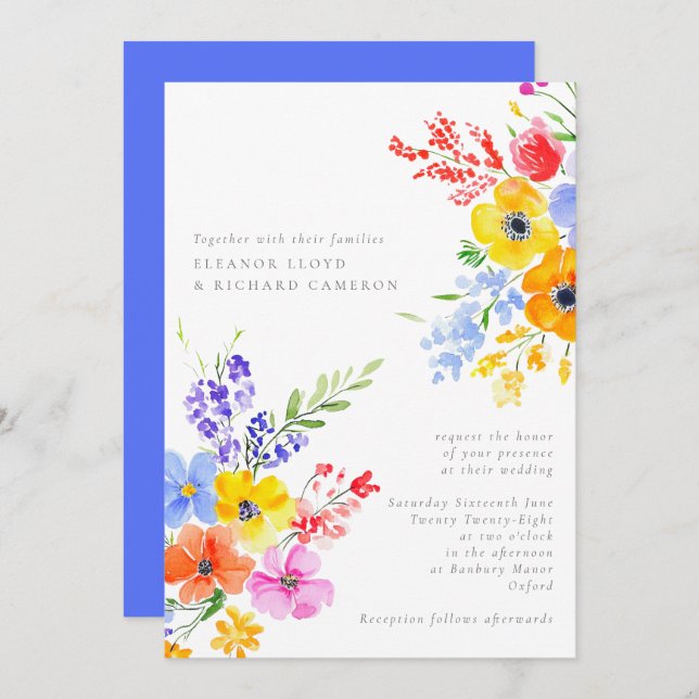 Bright & Bold Watercolor Floral Wedding Invitation (Front/Back)