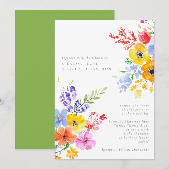 Bright & Bold Watercolor Floral Wedding Invitation (Front/Back)