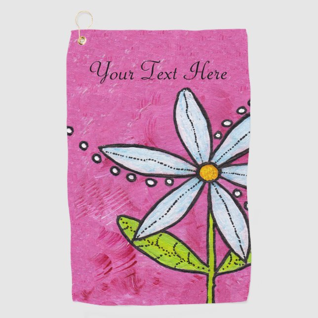 Bright Bold White Daisy Green Leaves on Stem Pink Golf Towel (Front)
