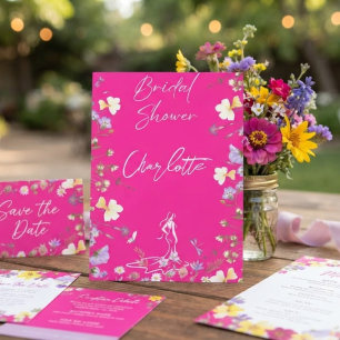 Bright bold wild flowers script bridal invitation