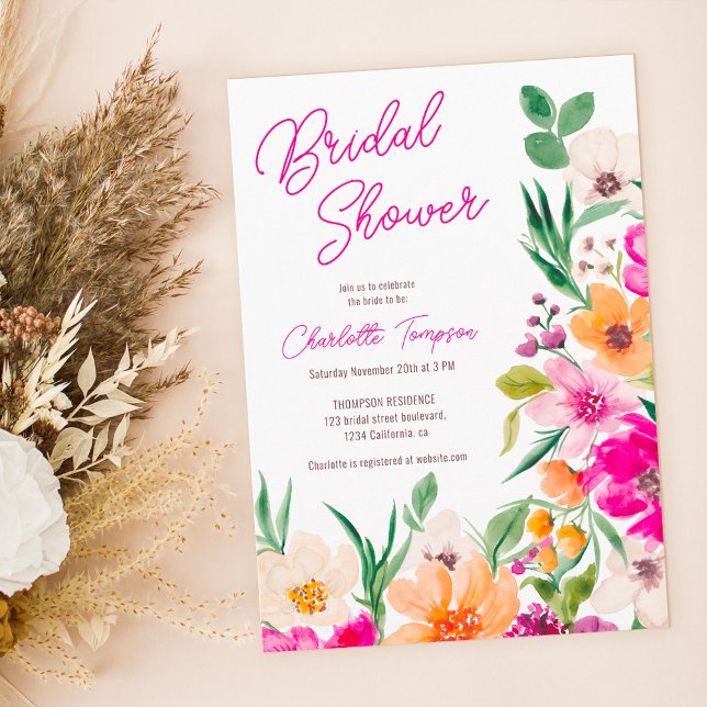 Bright bold wild flowers script bridal shower invitation (Bright bold wild flowers script bridal shower invitation)