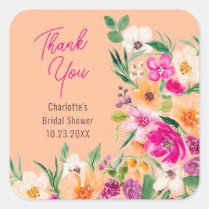 Bright bold wild flowers script bridal shower square sticker