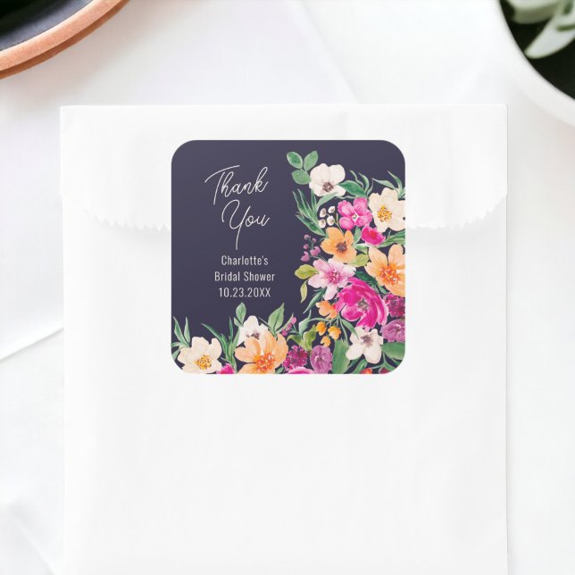 Bright bold wild flowers script bridal shower square sticker (Bright bold wild flowers script bridal shower square sticker on navy blue)