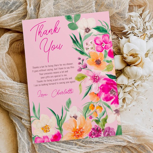 Bright bold wild flowers script bridal shower thank you card (Bright bold wild flowers script bridal shower thank you card on pastel pink)