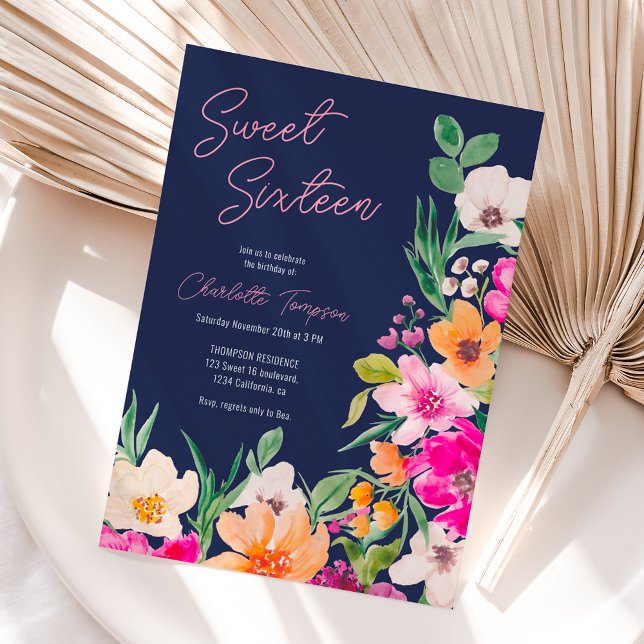 Bright bold wild flowers script Sweet 16 Invitation (Bright bold wild flowers script Sweet 16 Invitation navy blue)