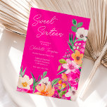 Bright bold wild flowers script Sweet 16 Invitation<br><div class="desc">Elegant bright and bold modern spring summer flowers illustration with pretty oversized wild flower and brush script  sweet 16 birthday party invitation with a modern calligraphy typography with bright neon pink,  orange,  green and yellow flowers on neon pink background.</div>