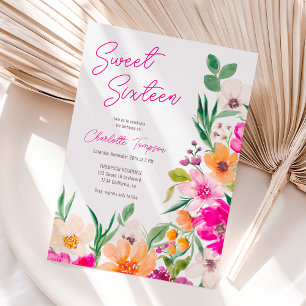 Bright bold wild flowers script Sweet 16 Invitation