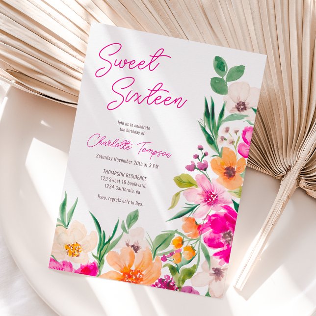 Bright bold wild flowers script Sweet 16 Invitation (Bright bold wild flowers script Sweet 16 Invitation on white)