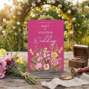 Bright bold wild flowers script wedding invitation