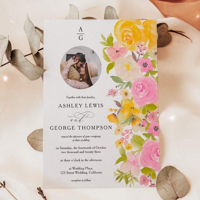 Bright bold yellow floral initials photo wedding invitation (Bright bold yellow floral initials photo wedding invitation)