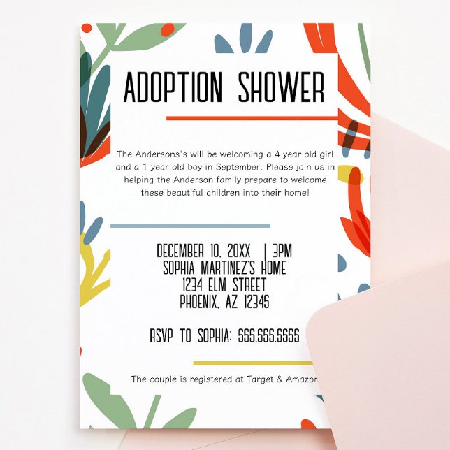 Bright Botanicals Adoption Shower Invitation (bright and colorful botanical floral adoption shower invitation green, yellow, blue, red flowers)
