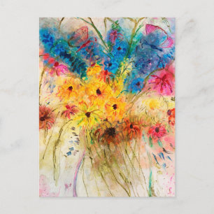 Bright bouquet with butterflies. watercolor  postcard