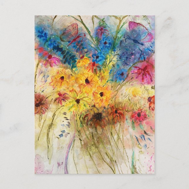 Bright bouquet with butterflies. watercolor postcard (Front)