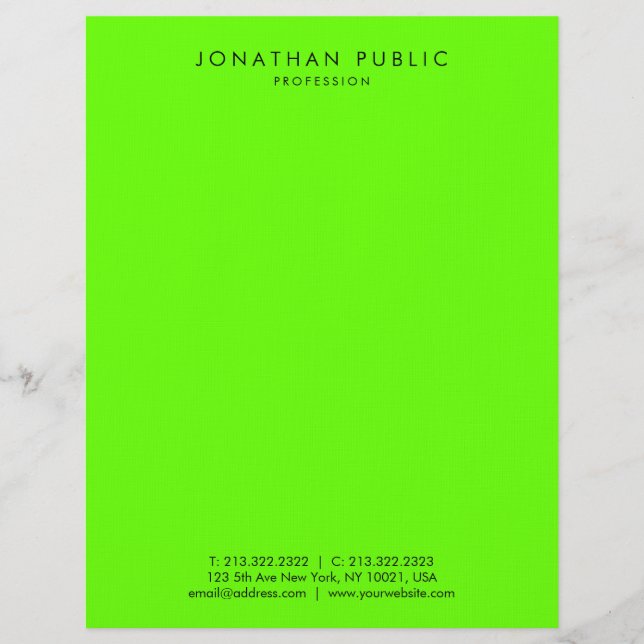 Bright Brilliant Neon Green Modern Simple Template Custom Letterhead (Front)