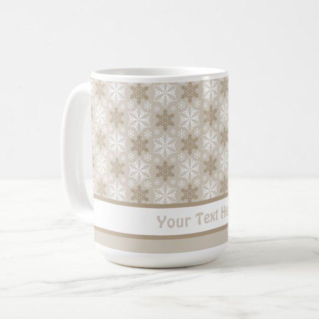 Bright Brown Tan Winter White Snowflake Pattern Coffee Mug (Front Left)