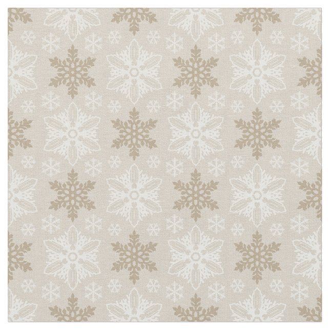 Bright Brown Tan Winter White Snowflake Pattern Fabric (Close Up)
