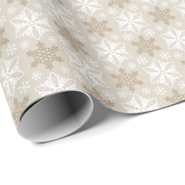 Bright Brown Tan Winter White Snowflake Pattern Wrapping Paper (Roll Corner)