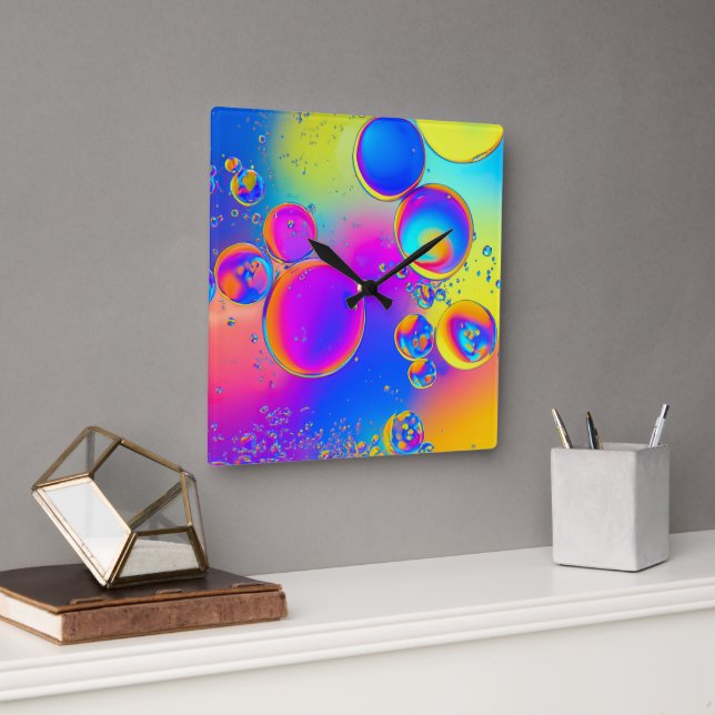 Bright Bubbles Liquid Art Square Wall Clock (Office)