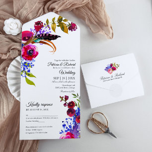 Bright Burgundy Floral Monogram Elegant Wedding All In One Invitation