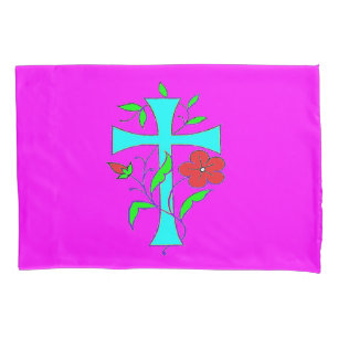 BRIGHT BUSY CROSS DESIGN WITH FLOWERS PILLOWCASE