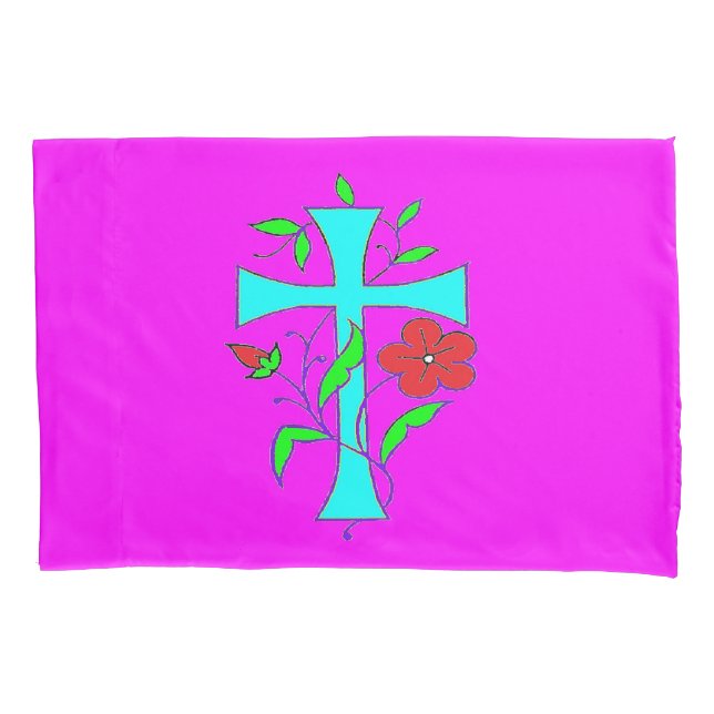 BRIGHT BUSY CROSS DESIGN WITH FLOWERS PILLOWCASE (Front)