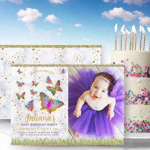 Bright Butterfly First Birthday Party Photo Invitation