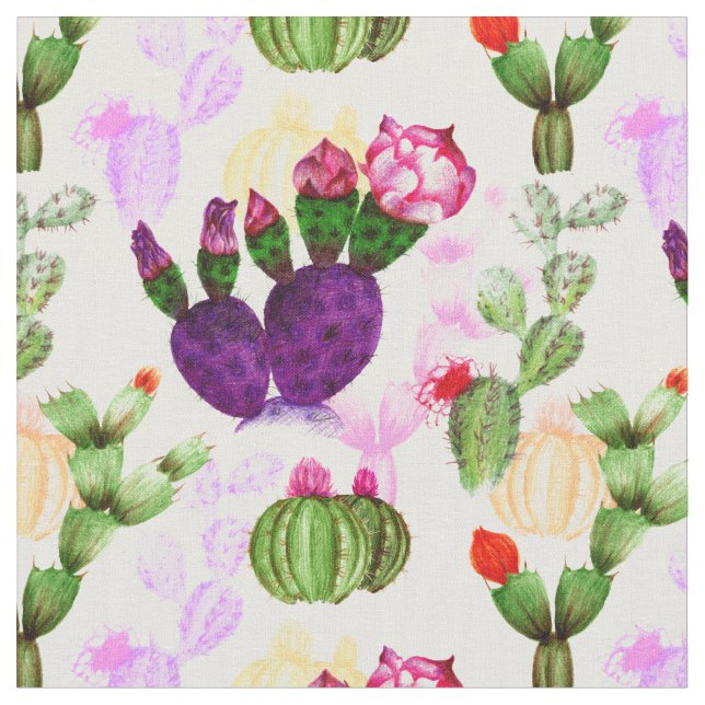 Bright Cactuses Pen Drawing Botanical Pattern Fabric (Close Up)