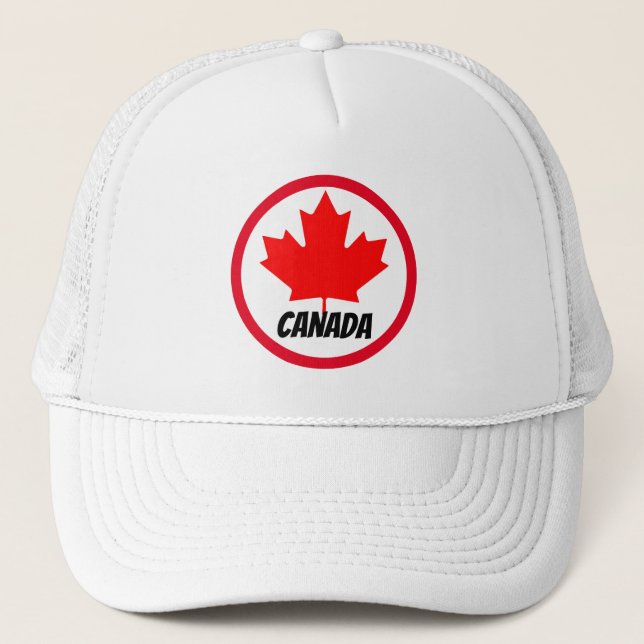 Bright Canadian Maple Leaf Canada Day Red White Trucker Hat (Front)