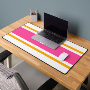 Bright Candy Pink Yellow Racing Stripes On White Desk Mat