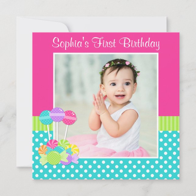Bright Candy Polka Dot Girl 1st Birthday Photo Invitation (Front)