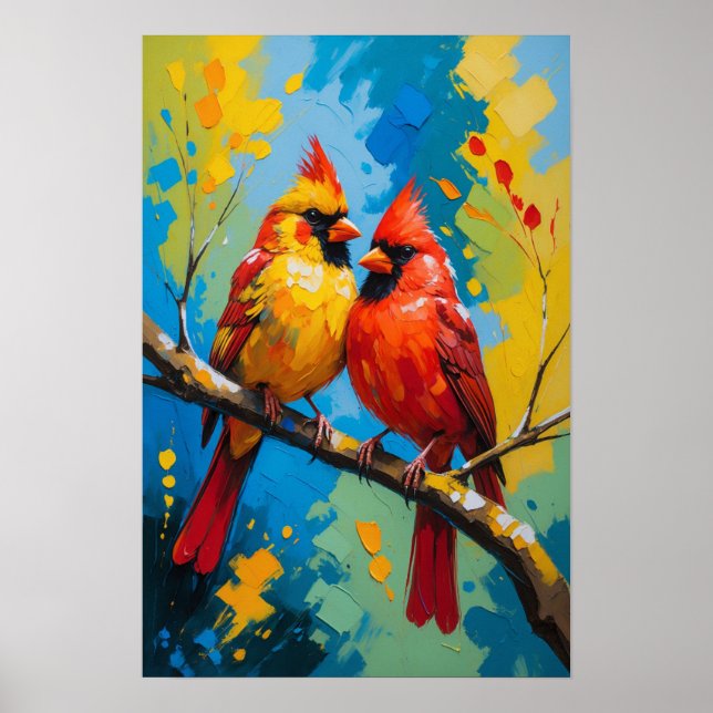 Bright Cardinal Birds Perched on Branch Colourful Poster (Front)