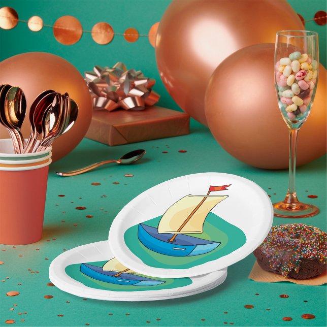 Bright Cartoon Boat with Sail Fun Nautical Paper Plate (Creator Uploaded)