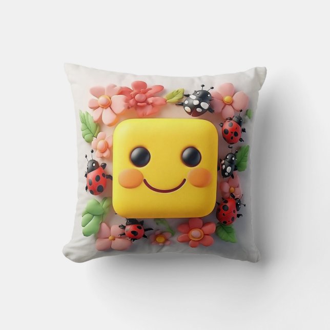 Bright Cartoon Illustration with Ladybugs, Flowers Cushion (Front)